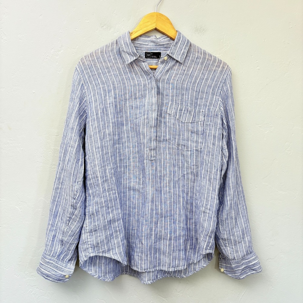 Gap 100% Linen Tunic Top Women Size Medium Blue White Stripe New